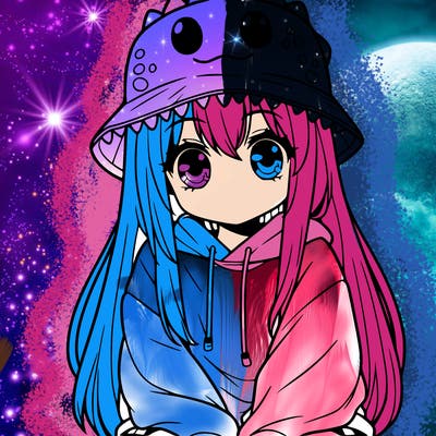 girl with anime shaped eyes with a dinosaur bucket hat oversized sweatshirt long straight hair