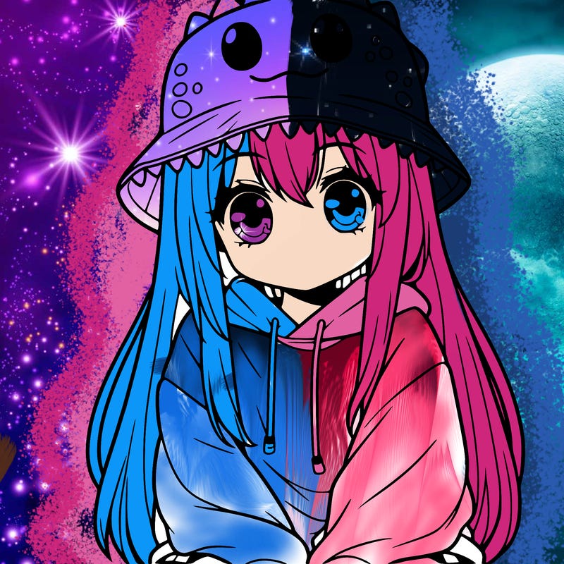 girl with anime shaped eyes with a dinosaur bucket hat oversized sweatshirt long straight hair