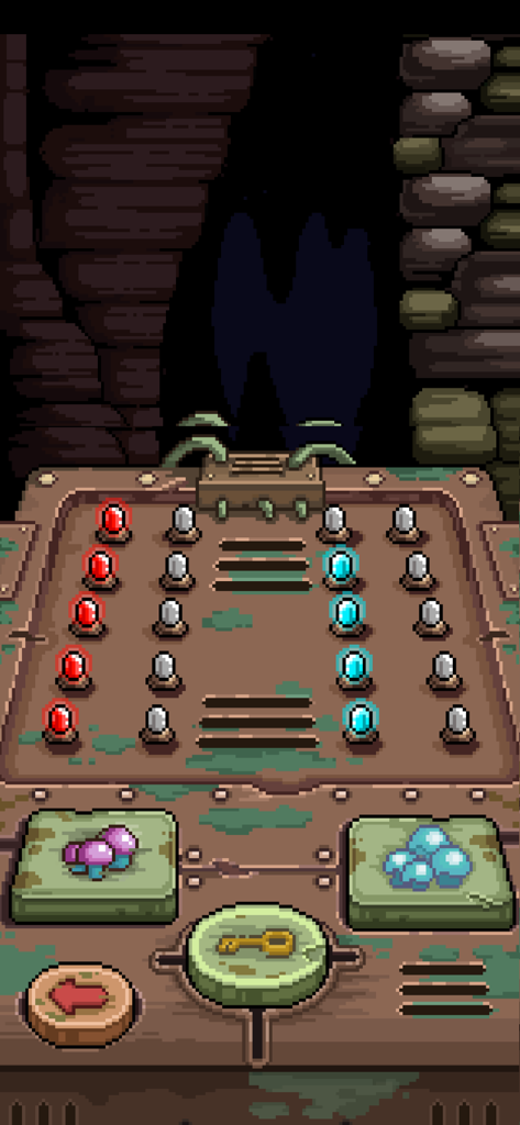 A pixel art puzzle screen from the game Bluebird of Happiness featuring red and blue glowing indicators and mushroom buttons inside a dark cave.