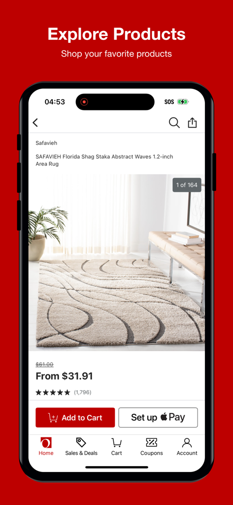 Overstock - Overstock mobile app product page displaying a Safavieh area rug with price and add to cart buttons.