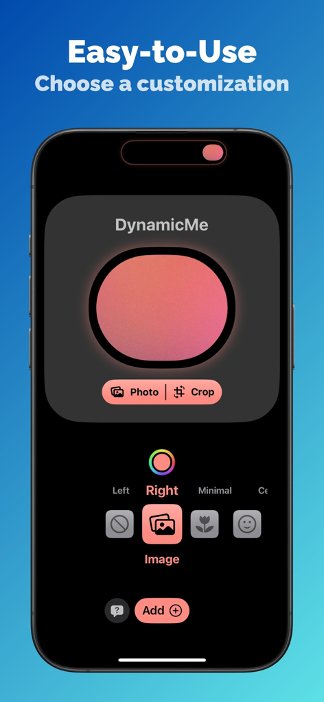 DynamicMe - 이미지와 그라데이션으로 다이나믹 아일랜드를 사용자 지정하기 위한 DynamicMe 앱 인터페이스를 표시하는 아이폰 화면