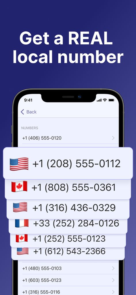 Interface mostrando uma lista de números de telefone locais reais disponíveis com bandeiras internacionais.