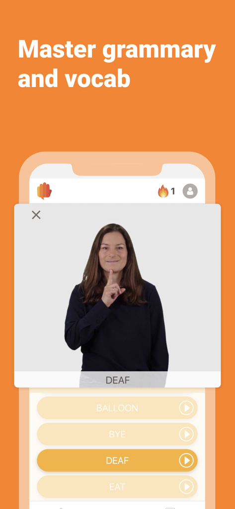 Lingvano app interface showing a sign language vocabulary quiz with a video of a teacher signing the word deaf