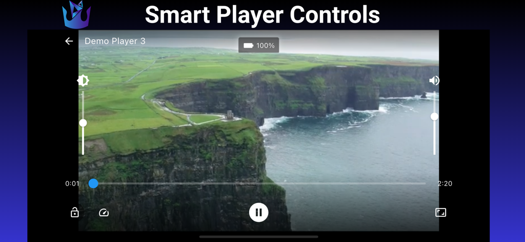 King Stream Player video interface displaying smart playback controls over a scenic landscape video