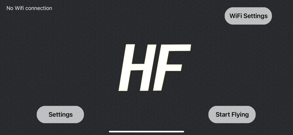 HF UFO - Écran d'accueil de l'application drone HF UFO avec le bouton de démarrage du vol
