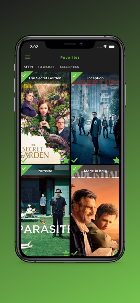 123Play Pro - Favorites screen of 123Play Pro showing a grid of watched movies including Inception and Parasite