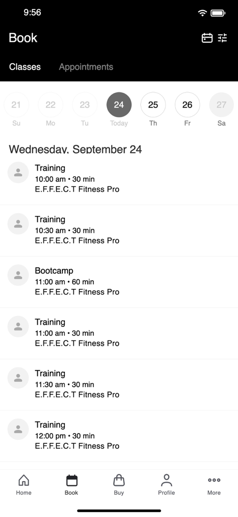 Effect Fitness Atlanta - Effect Fitness Atlantaアプリのクラス予約画面。水曜日9月24日にスケジュールされたトレーニングとブートキャンプセッションのリストを表示。