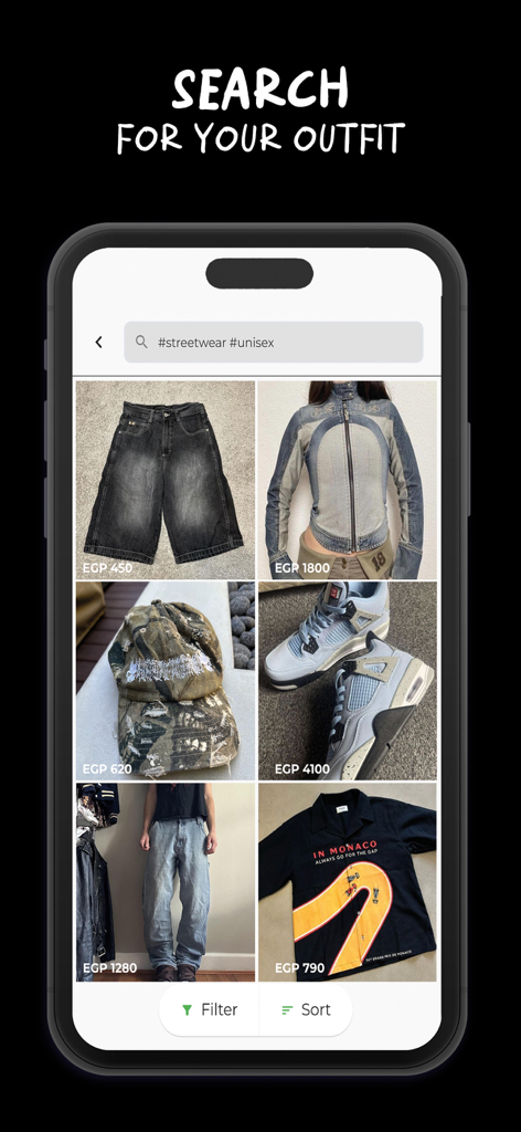 Freak | Fashion Marketplace - A search screen in the Freak fashion marketplace app displaying streetwear and unisex clothing items like sneakers and denim.