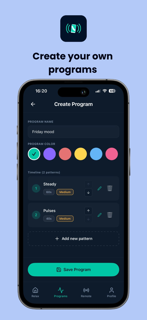 Interface do aplicativo MeTime Vibrator para criar e personalizar programas de vibração pessoais