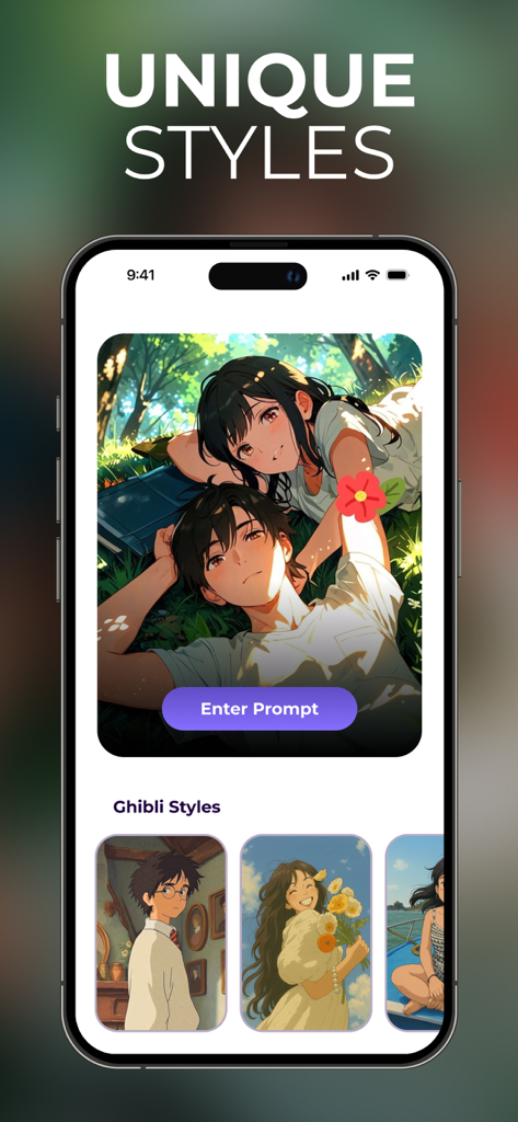 Dream Art app interface displaying Ghibli style AI generated anime illustrations