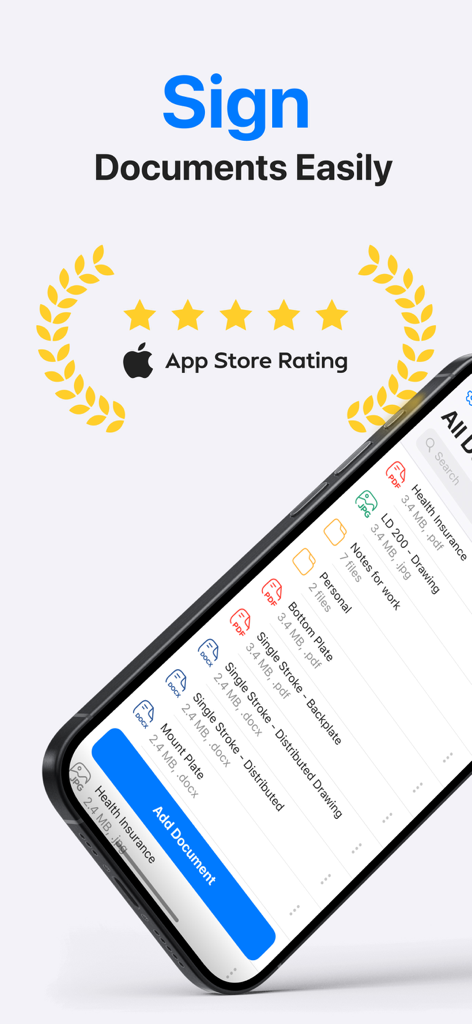 PDF Document Scanner App + - Un iPhone mostrando la pantalla de gestión de documentos de la aplicación PDF Scanner con una lista de carpetas y archivos bajo el titular Firma Documentos Fácilmente