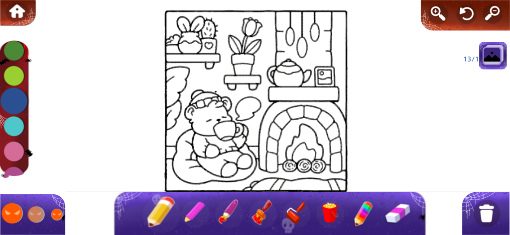 Bobbie Goods Art Coloring Book - Interface de livro de colorir digital mostrando um urso fofo sentado perto de uma lareira com ferramentas de colorir na parte inferior
