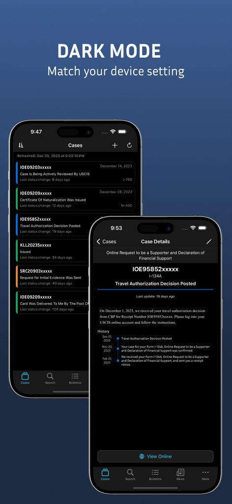 Case Tracker for USCIS & NVC - Case Tracker app interface in dark mode displaying USCIS case statuses and detailed history timeline.