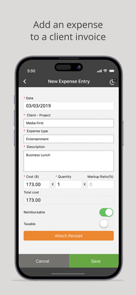 Time Tracker by eBillity - Mobile screen showing a new expense entry form for tracking business costs and attaching receipts within the Time Tracker app