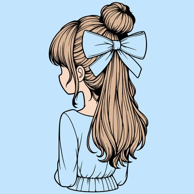 realistic girl  with hip length hair a bun and a big bow on the back of head