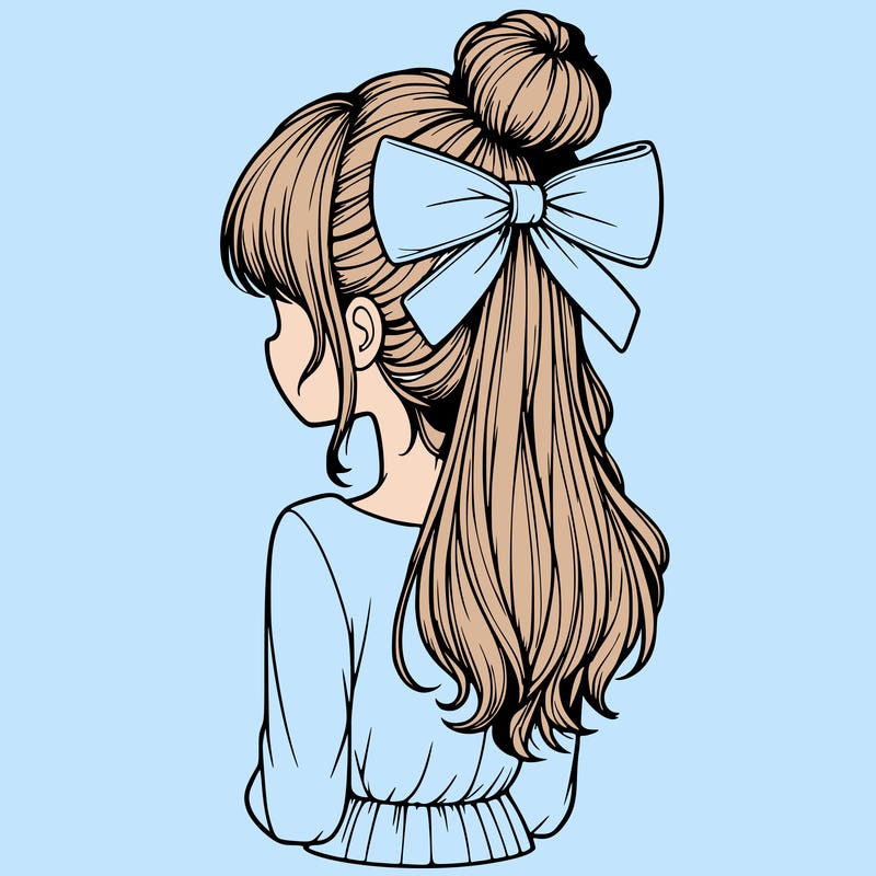 realistic girl  with hip length hair a bun and a big bow on the back of head