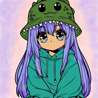 girl with anime shaped eyes with a dinosaur bucket hat oversized sweatshirt long straight hair