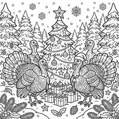 Immerse yourself in the holiday spirit with this charming coloring page featuring wild turkeys celebrating Christmas. Enjoy coloring intricate details of decorated trees, festive gifts, and playful snowflakes.