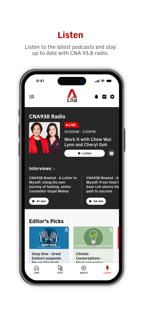 CNA (Channel NewsAsia) - Tela do aplicativo CNA mostrando opções de rádio ao vivo e podcasts na seção Ouça.