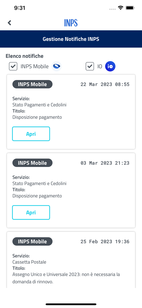 INPS mobile - Pantalla de gestión de notificaciones de la aplicación INPS mobile que muestra una lista de alertas de seguridad social y de pago