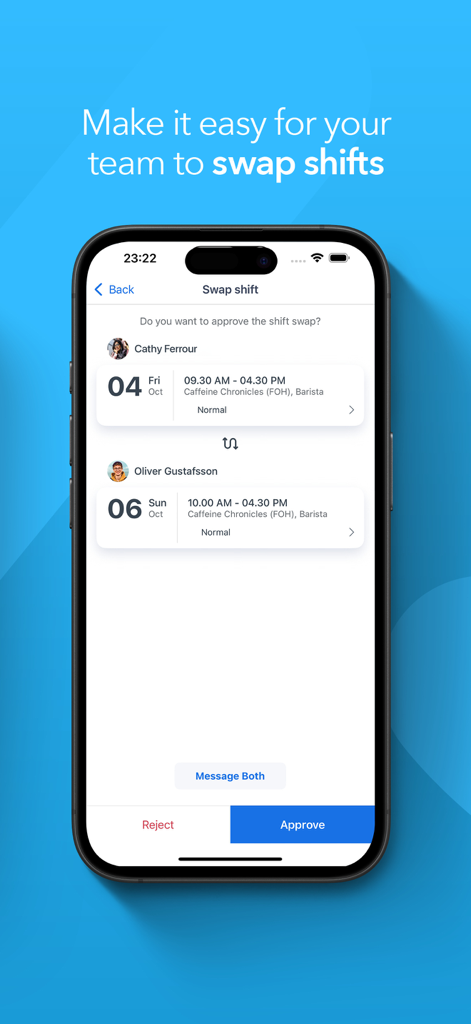 Planday Employee Scheduling - Planday従業員スケジューリングアプリのシフト交換承認画面を表示するスマートフォン。