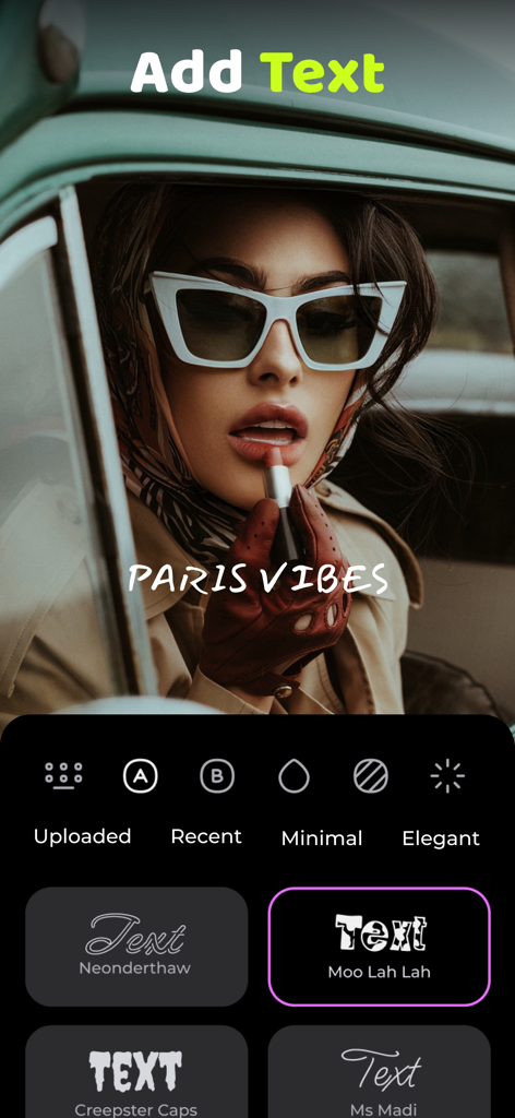 Unreels: Reel Video Editor - Unreels app interface showing modern font options for adding text overlays to video reels