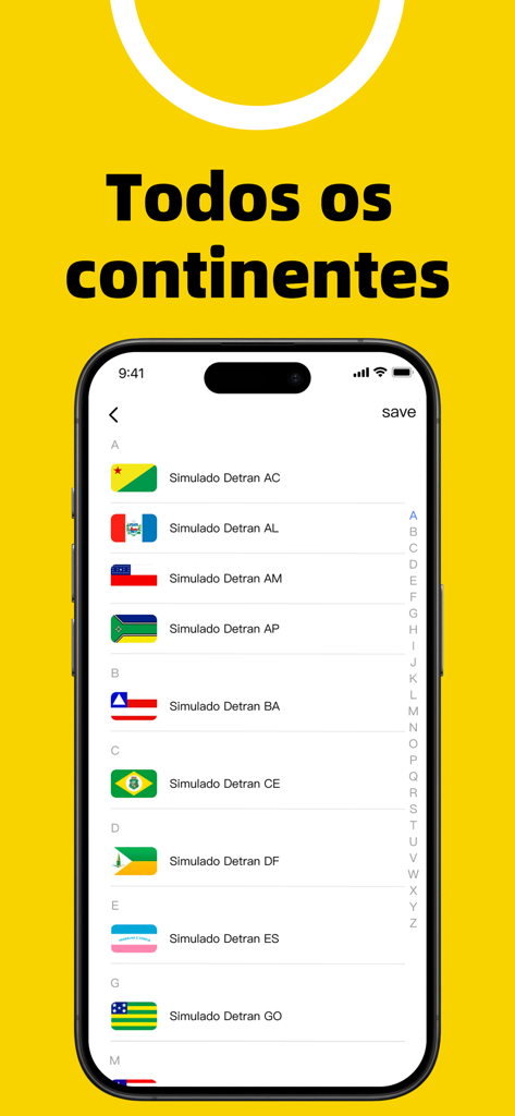 Simulado Detran CNH Prova 2026 - Tela de smartphone mostrando uma lista de estados brasileiros para simulações de exame de direção, incluindo bandeiras e nomes de estados