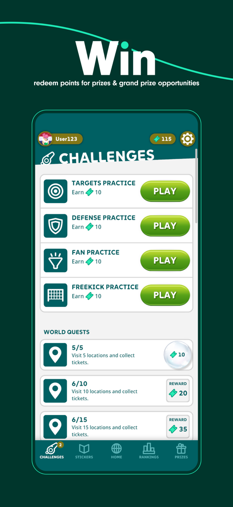 SEA&WIN Mobile-App-Oberfläche, die Fußball-Herausforderungen und Weltquests zum Gewinnen von Preisen in Seattle anzeigt