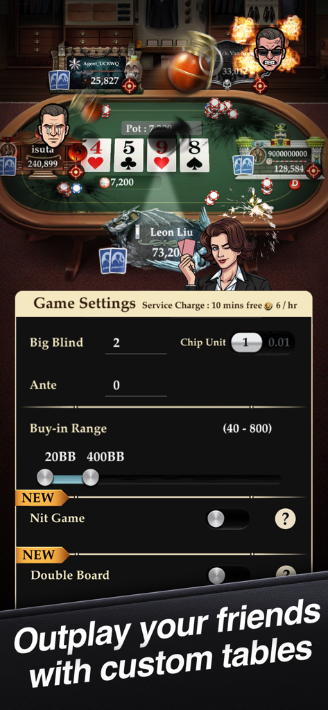 Pokerrrr 2 app screenshot showing custom game settings for private poker tables including big blind and buy-in options