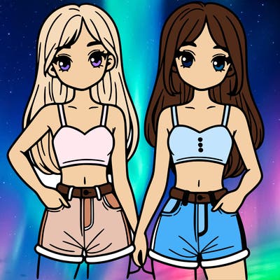 two sisters with crop tops and jean shorts and straight hair