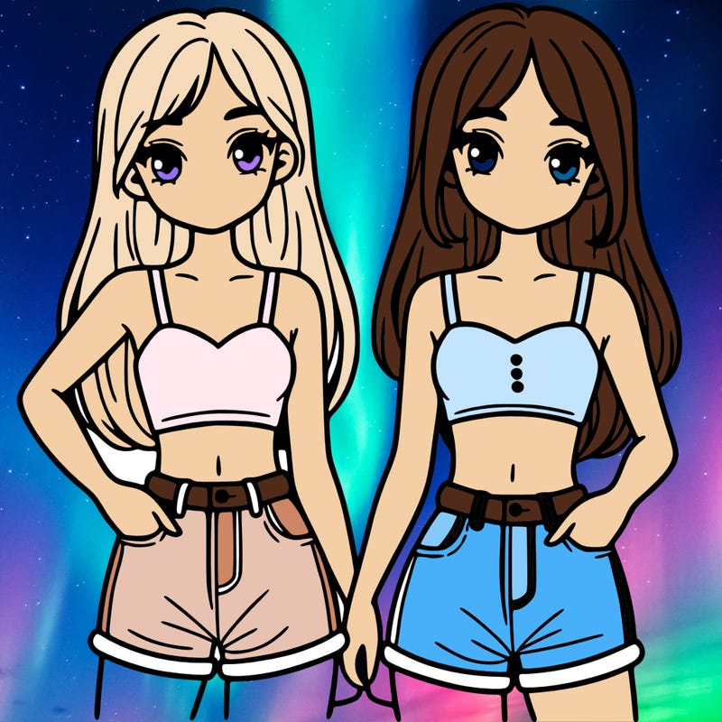 two sisters with crop tops and jean shorts and straight hair