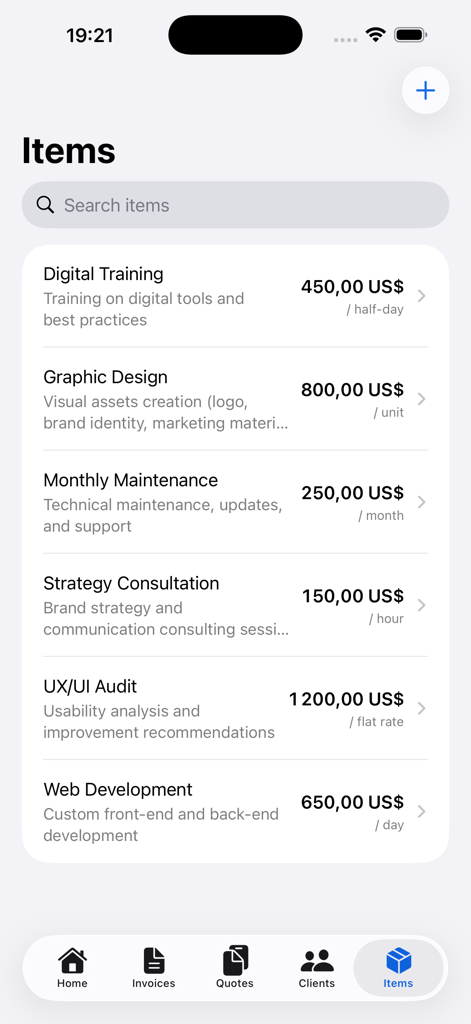 Invoice Maker & Estimate App • - List of business services and prices in the Invoice Maker and Estimate App