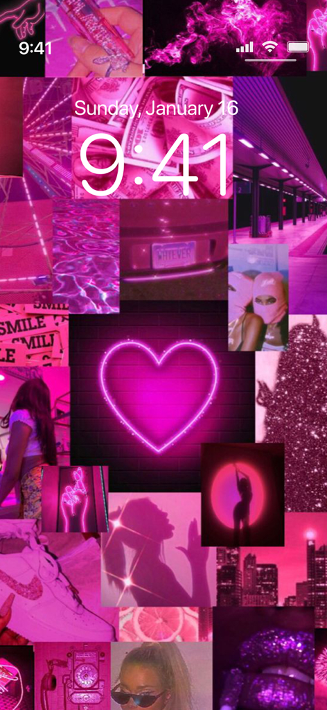 Pink Aesthetic Wallpapers 4K - Un collage de fondo de pantalla estético rosa intenso para iPhone con siluetas de corazones de neón y elementos urbanos de moda