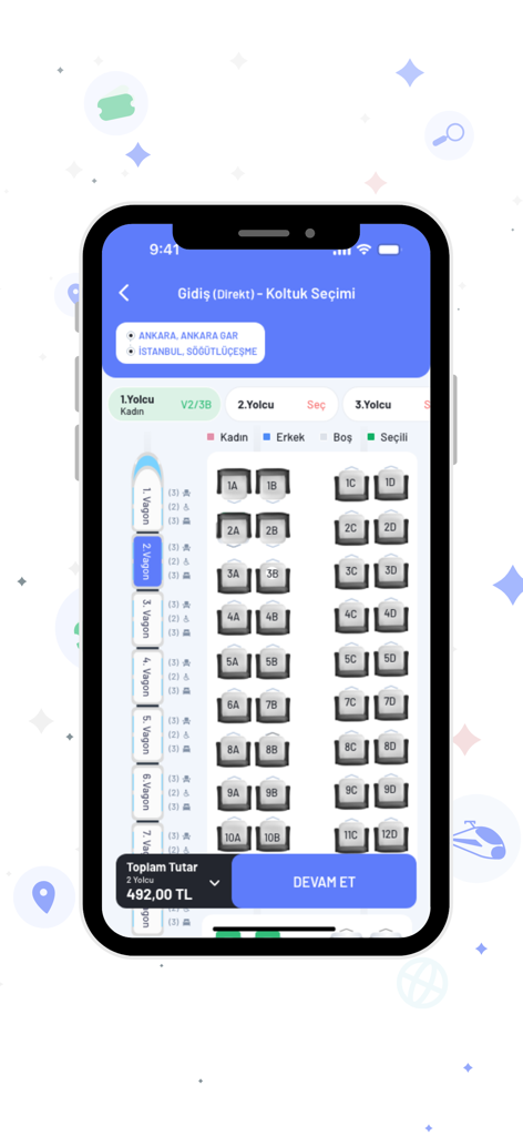 Seat selection interface of the E-Bilet mobile app for booking Turkish train tickets