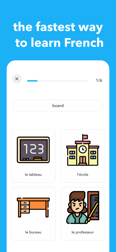 Interface d'application pour apprendre le vocabulaire français avec des illustrations pour des mots comme tableau et école