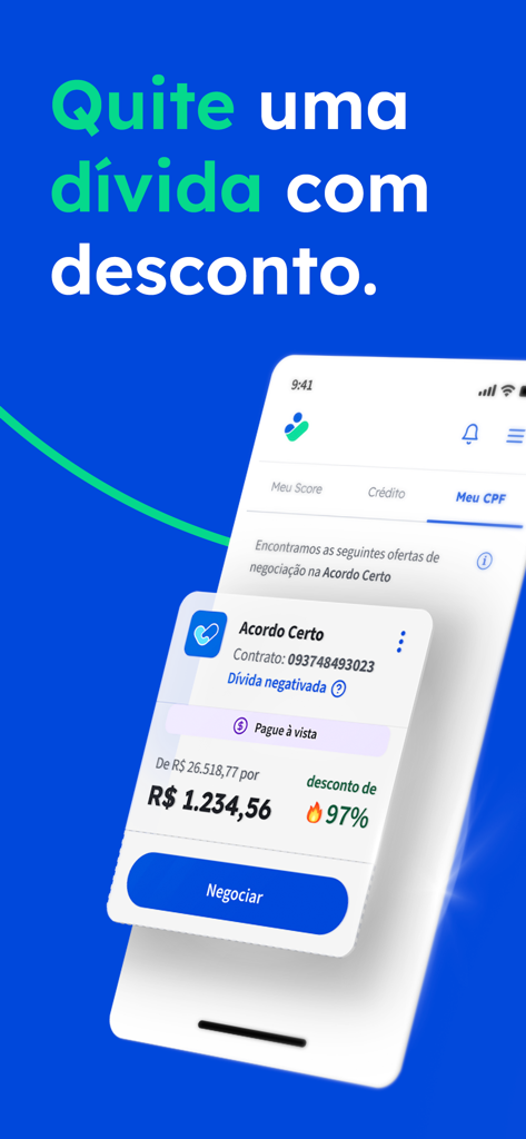 Consumidor Positivo - Consumidor Positivo mobile app interface showing a debt negotiation offer with a 97 percent discount
