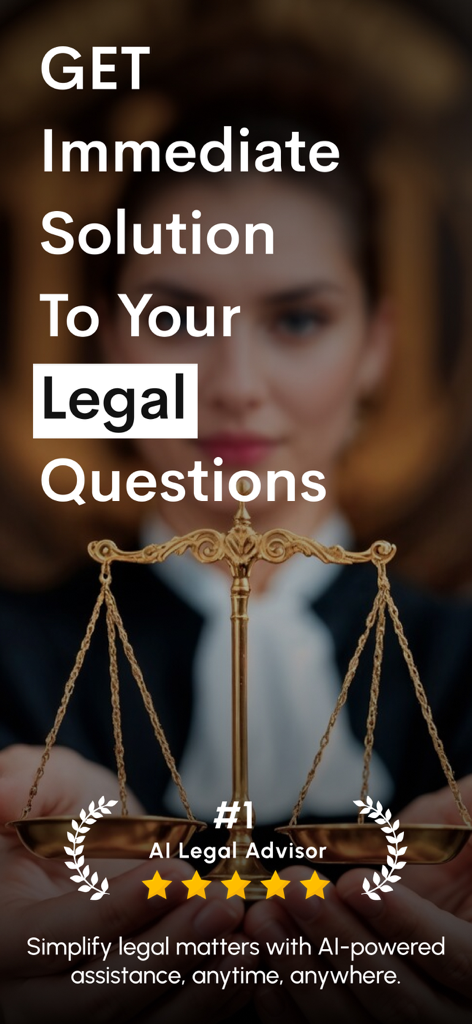 AI Lawyer - Legal Advisor - AI Lawyer app promotional screen featuring the scales of justice and text about getting immediate solutions to legal questions.