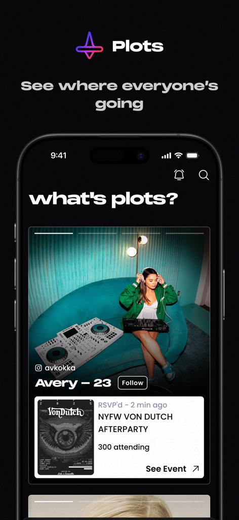 Plots - Host & Find Events - A smartphone screen displaying the Plots app interface with a nightlife event RSVP and user social feed.