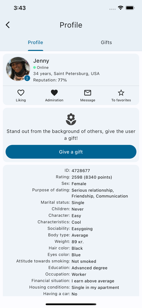 InDating - Dating and Chat - A detailed user profile screen in the InDating app showing personal statistics, reputation score, and dating preferences.