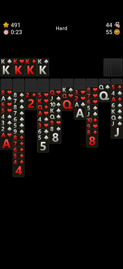 Spider Solitaire` - A game of Spider Solitaire on hard difficulty with a classic dark theme.
