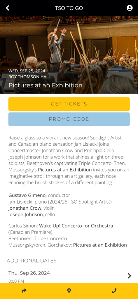 My TSO - Pantalla que muestra información del concierto de Imágenes de una Exposición en la aplicación Mi TSO