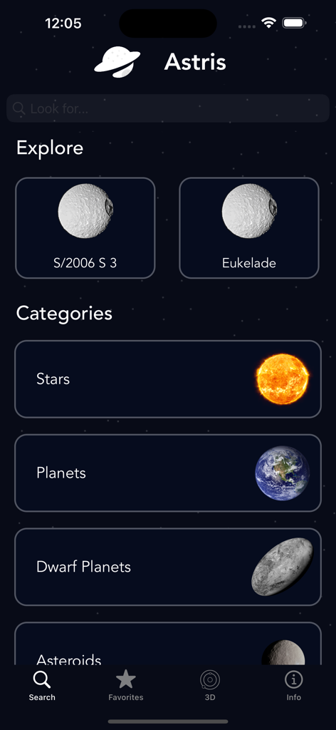 Astris app home screen displaying space exploration categories