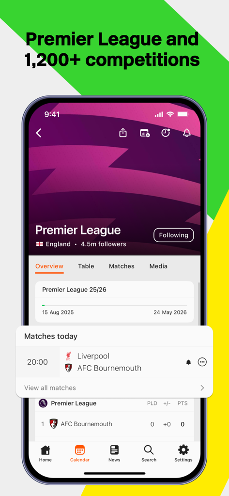 Forza Football app interface showing Premier League match schedules and competition coverage