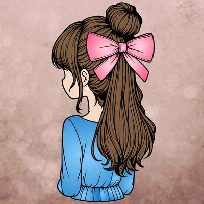 realistic girl  with hip length hair a bun and a big bow on the back of head
