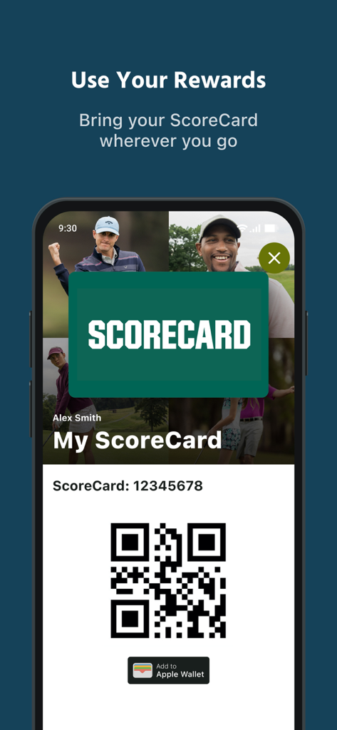 Golf Galaxy app My ScoreCard screen displaying a loyalty QR code and Add to Apple Wallet button