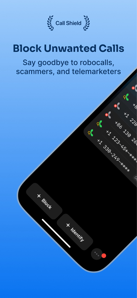 Call Shield: Spam Call Blocker - Interfaz de la aplicación Call Shield en iPhone mostrando la opción para bloquear llamadas automáticas e identificar números de spam