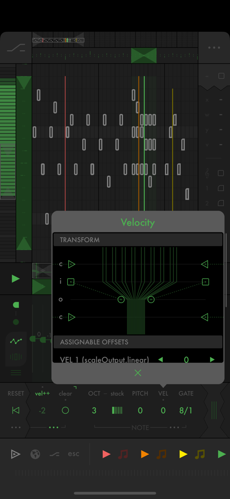 Fugue Machine Rubato app interface showing the velocity transformation window over a MIDI sequence