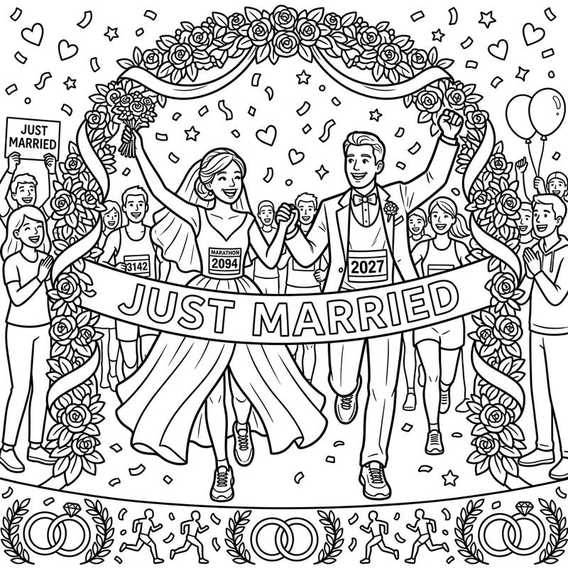 Tie the knot with this adorable coloring page featuring marathon runners on their wedding day! Celebrate love, dedication, and the finish line of a lifetime journey in this unique design.