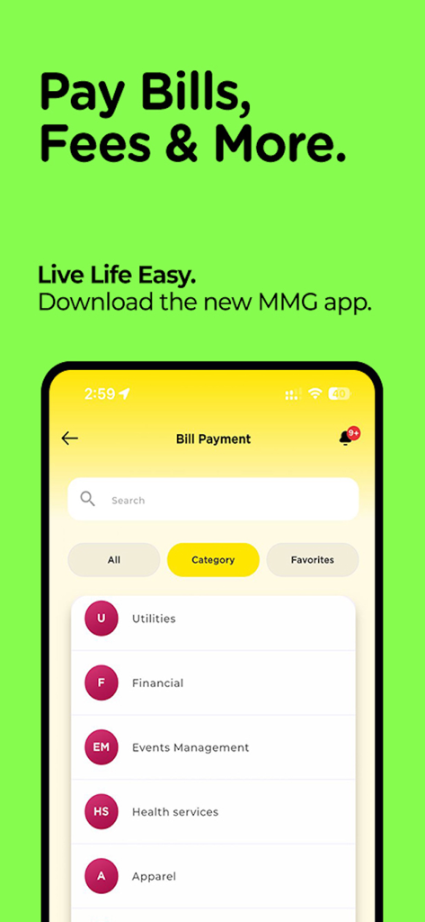 mmg Customer - A smartphone showing the bill payment category list in the mmg Customer app
