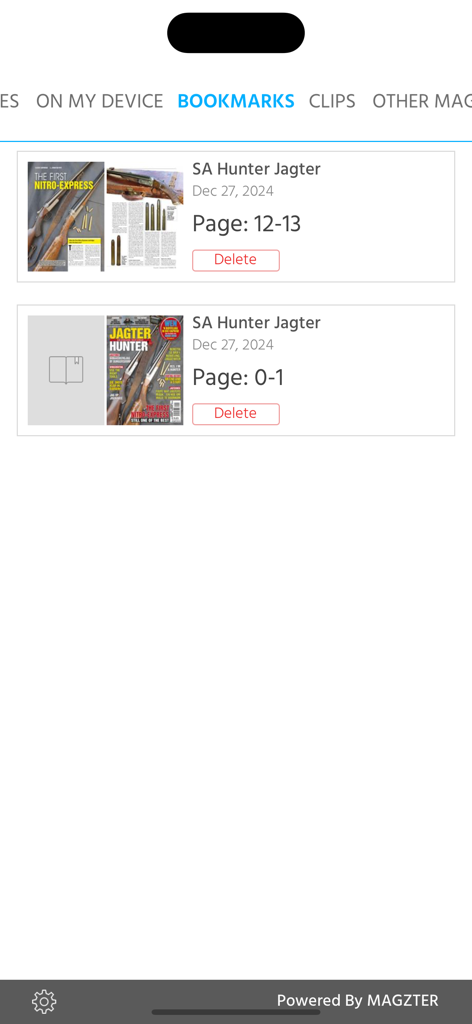La sección de marcadores de la aplicación SA Hunter Jagter mostrando artículos guardados y portadas de revistas